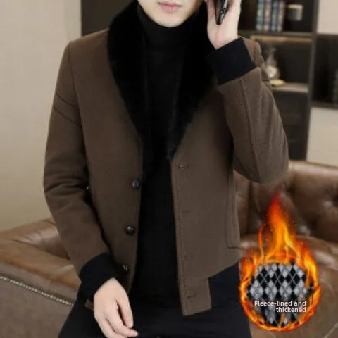 

Новое мужское зимнее утепленное шерстяное пальто 2025 года с флисовой подкладкой, приталенное, с воротником-стойкой, в корейском стиле, повседневная верхняя одежда Cleanfit Sle