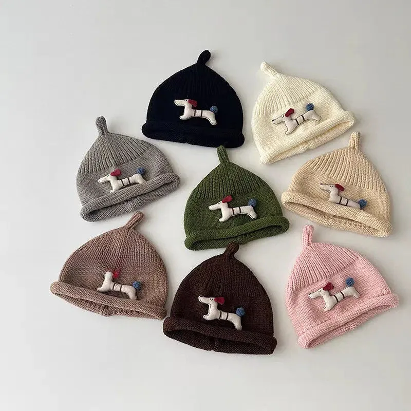 Cute Dog Beanie For Baby Winter Warm Pullover Cap 6-24Month Boy Girl Solid Color Woolen Crochet Bonnet Cartoon Children Knit Hat