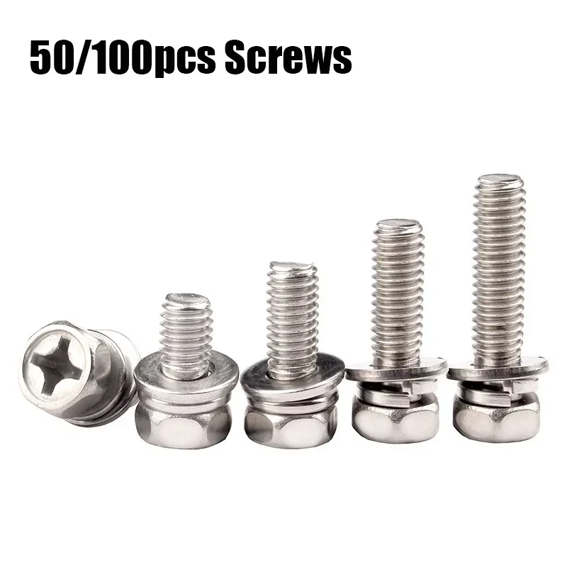 50/100Pcs 304 Stainless Steel Screws Set Triple Combination Cross External Hexagon Screw with Washers Bolt Hardware Tools Kit M3