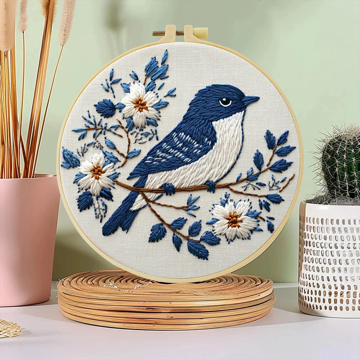1 Stück 20X20CM/15X15CM 7,87/6,3 Zoll Der Vogel auf dem Ast Taschen-Stickerei-Starter-Kit DIY-Set für Anfänger Nadelkunst – Detail 1