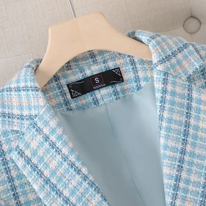 Nuova giacca da ufficio giacca formale da donna manica lunga scozzese da donna blazer di lana cappotto da lavoro da lavoro femminile capispalla blu albicocca