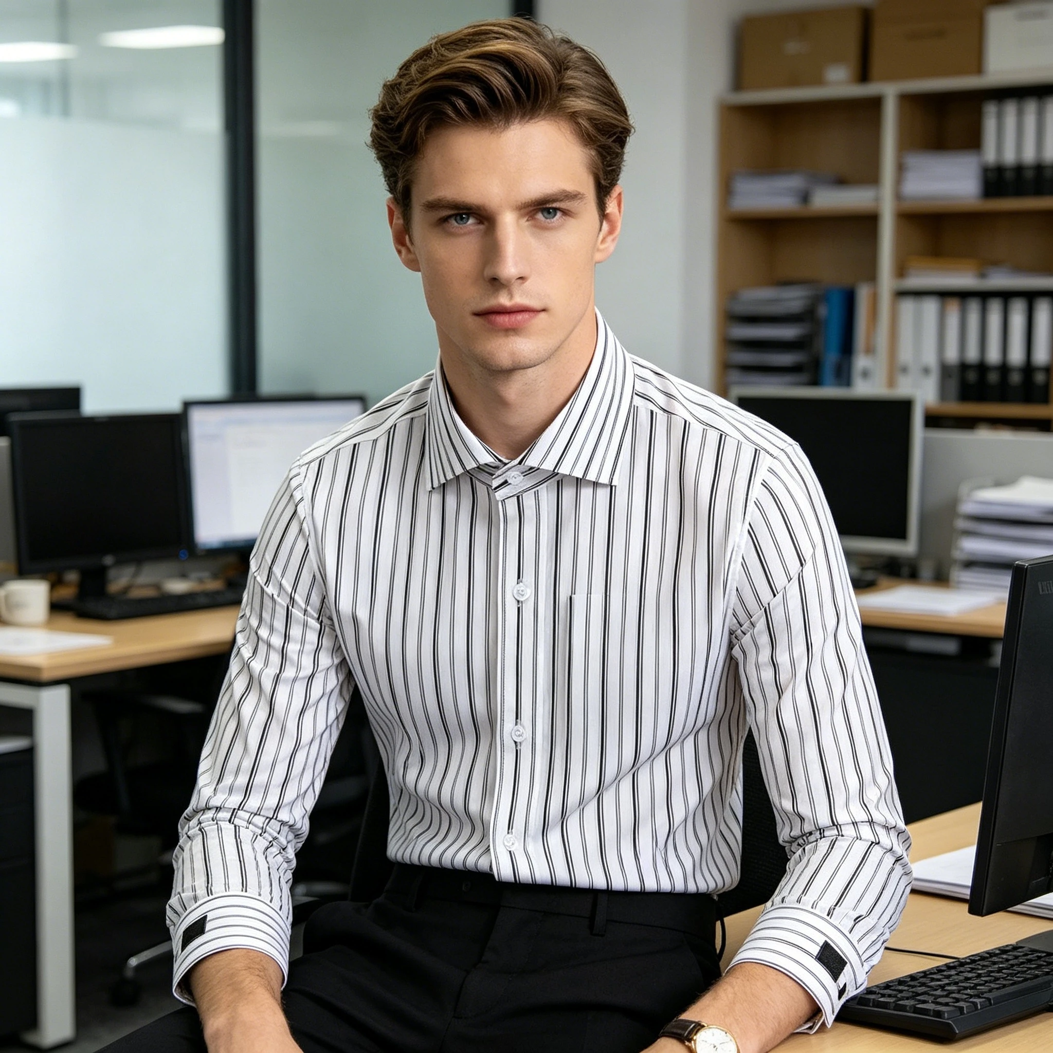 2026 Spring New Men's French Shirt Long Sleeve Windsor Collar Slim Fit Modal Business Dress Cufflink Striped Shirt No Pocket
