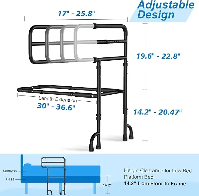 Adjustable Bed Rails for Elderly Adults Seniors Safety, Foldable Safety Bed Assist Rail Bedside Handrail Bar Fall Prevention