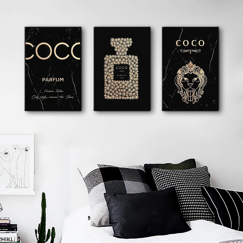 Luxury Posters and Prints Black Gold COCO Parfum Bottle Lion Convas Painting Wall Pictures Murals for Home Living Room Decor