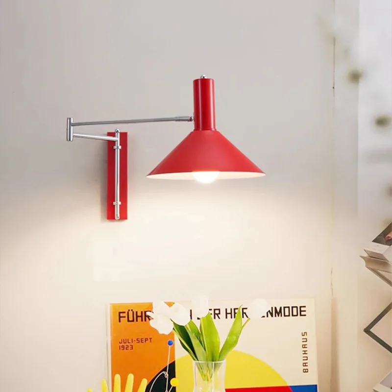 Moden White/red/black Wrought Iron Wall Lamps Long Pole Rocker Arm Light Minimalist Living Room Bedroom Restaurant Study Sconces