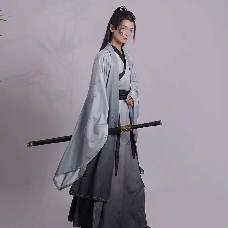 Han elements cross collar waist length Wei Jin style big sleeve shirt printed original ancient men Hanfu