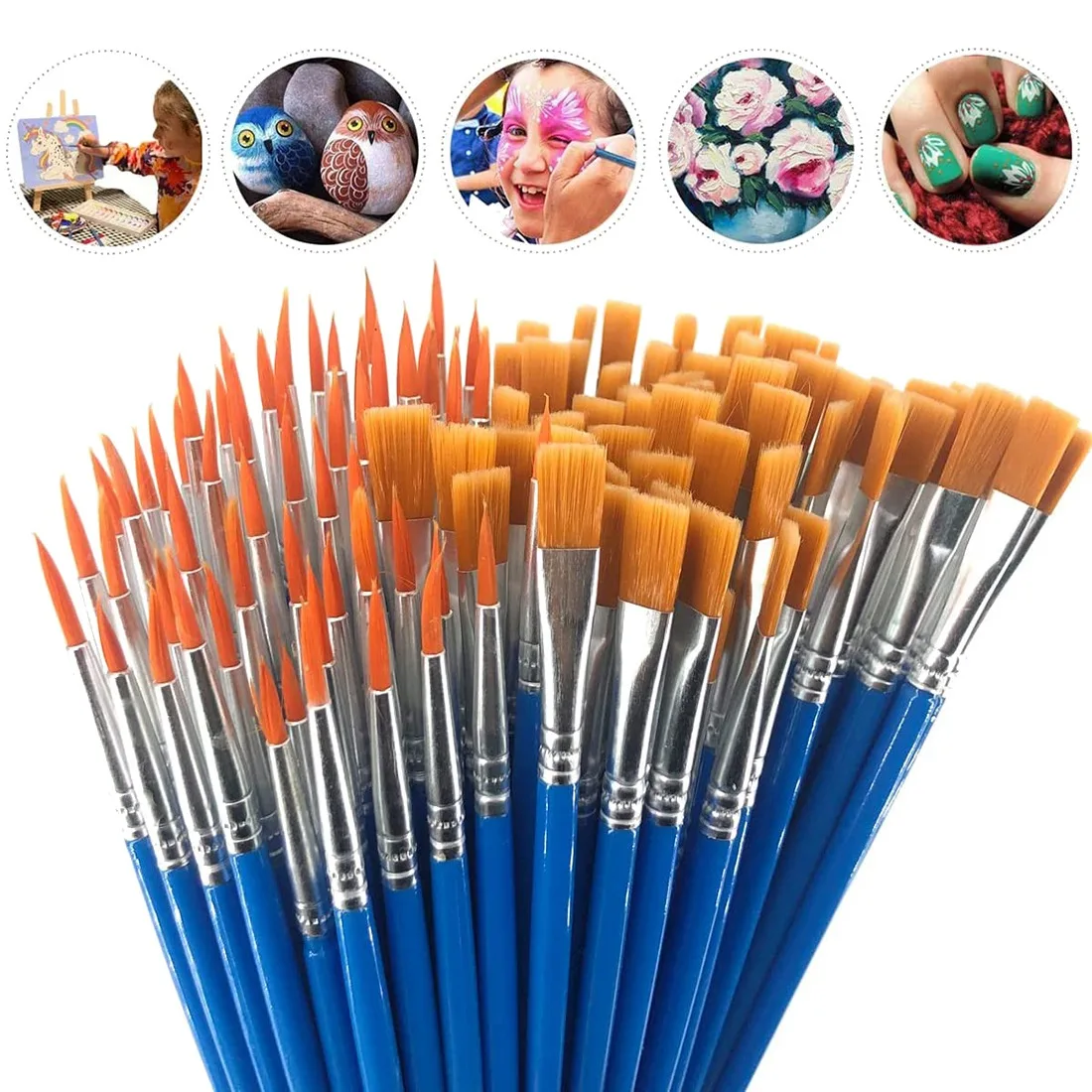 120 Pcs Flat and Round Paint Brushes Set, for Oil Watercolor Paint