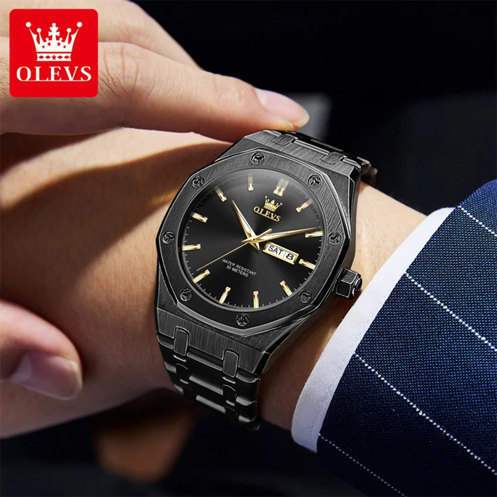 OLEVS Men's Watches Classic Luxury Fine Steel Octagonal Dial Original Quartz Wristwatch for Man Waterproof Luminous Calendar New
