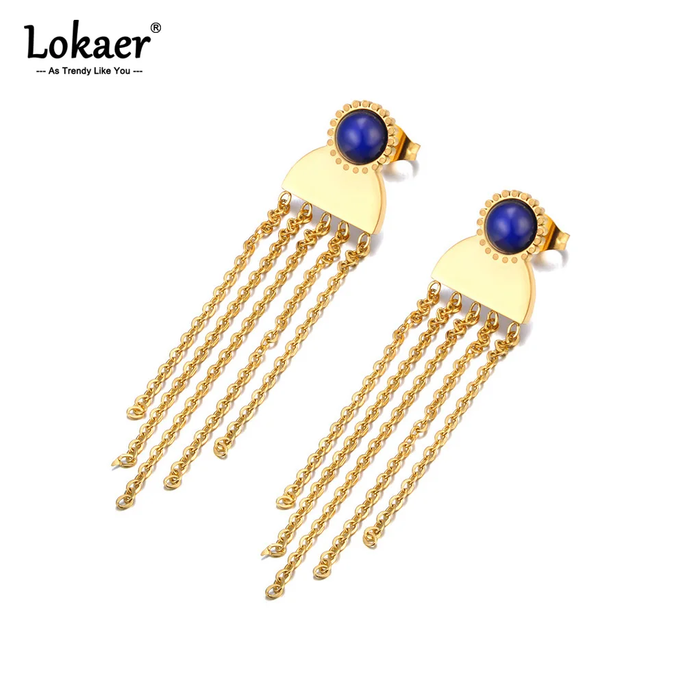 Lokaer Edelstahl Naturstein lange Kette Quaste Ohrringe für Frauen 18 Karat pvd vergoldet wasserdichten Party Schmuck e23242