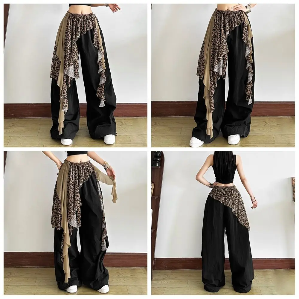 

Jeans Pants Decor Irregular Lace Mini Skirt Leopard Print See Through Lace Up Ruffles Skirt Y2K Streetwear Harajuku Butt Curtain