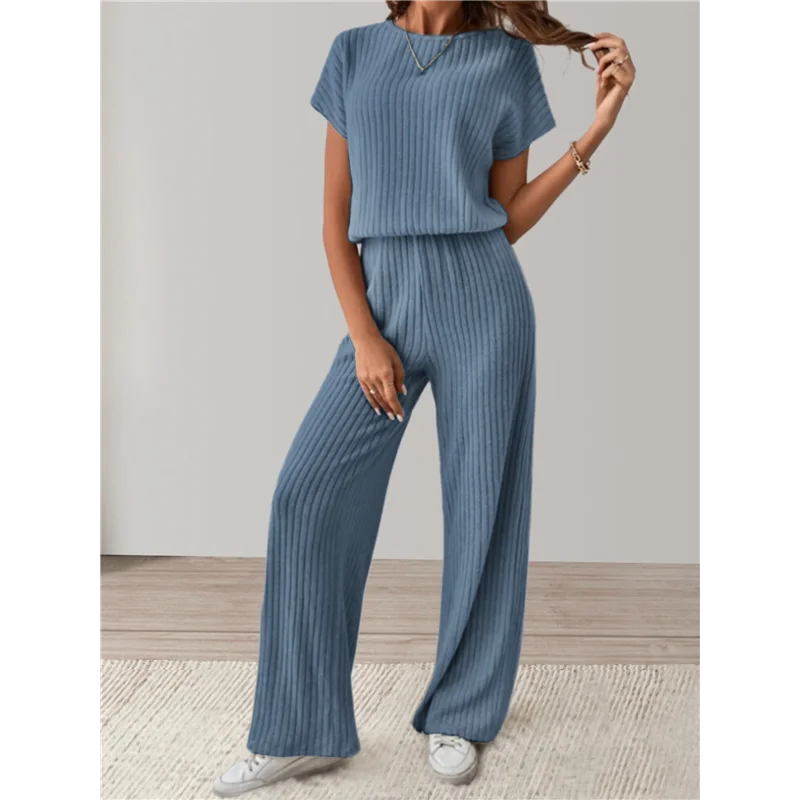A83F-المرأة عادية الصيف السفر عطلة ارتداء قطعتين دعوى قصيرة الأكمام بنطال ذو قصة أرجل واسعة رداء غير رسمية الأزرق الداكن L