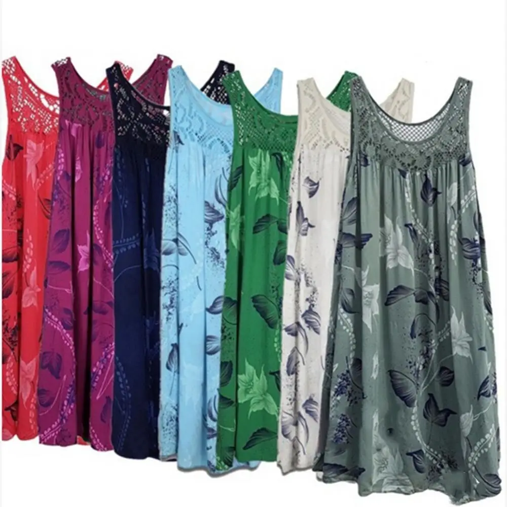 Plus Size Floral Printed Lace Stitching O-Neck Sleeveless Women Summer Loose Tank Dress