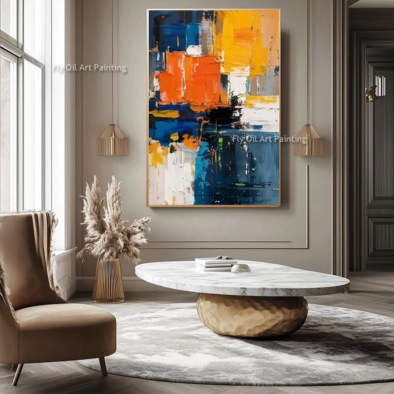 Dark Blue Orange Yellow Color Mixed Oil Painting Hand Drawn Abstract Simplism Design Green Red Canvas Wall Art For Home Decor As