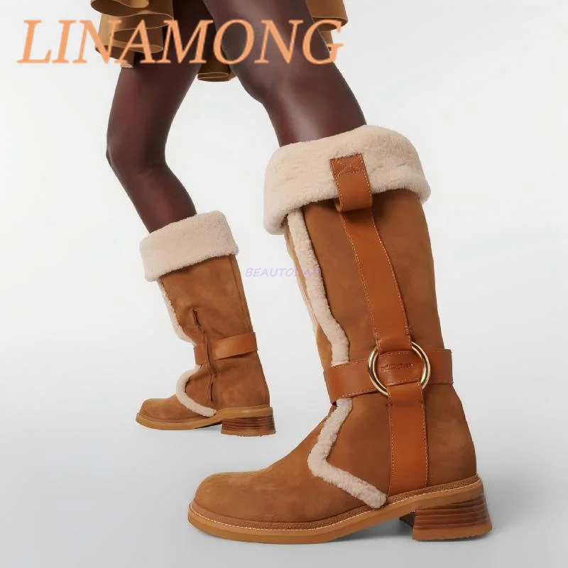 

Belt Buckle Square Heel Long Boots Fashionable Retro Side Zipper Folded Design Suede Splicing Casual Versatile Snow Boots