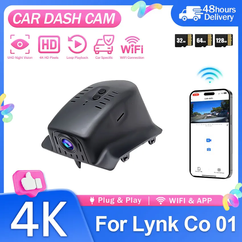 4K 2160P Front Rear Camera Dash Cam For Lynk & Co 01 2021-2024 Wireless Car DVR Dashcam Night vision Camera Recorder