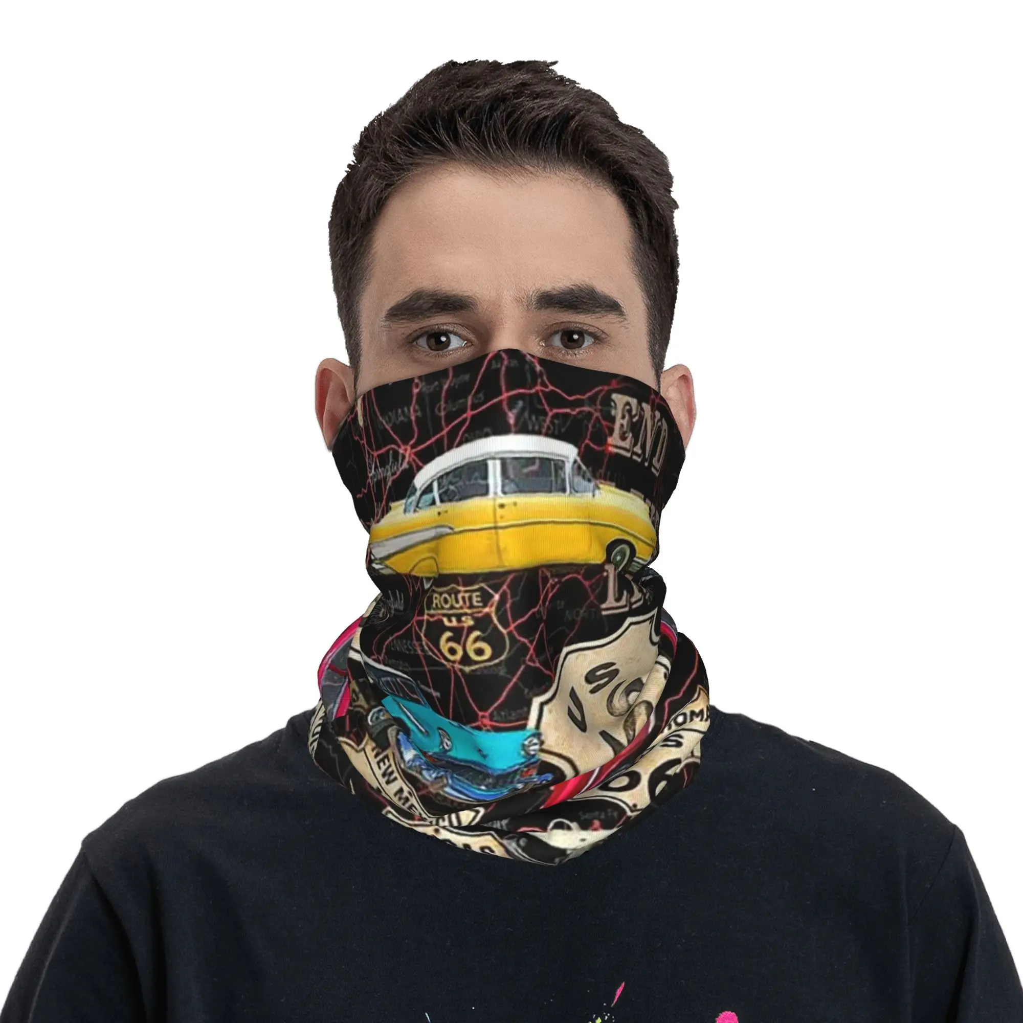 Route 66 Bandana Neck Gaiter Printed Magic Scarf Headband Hiking Fishing for Men Women Adult Breathable