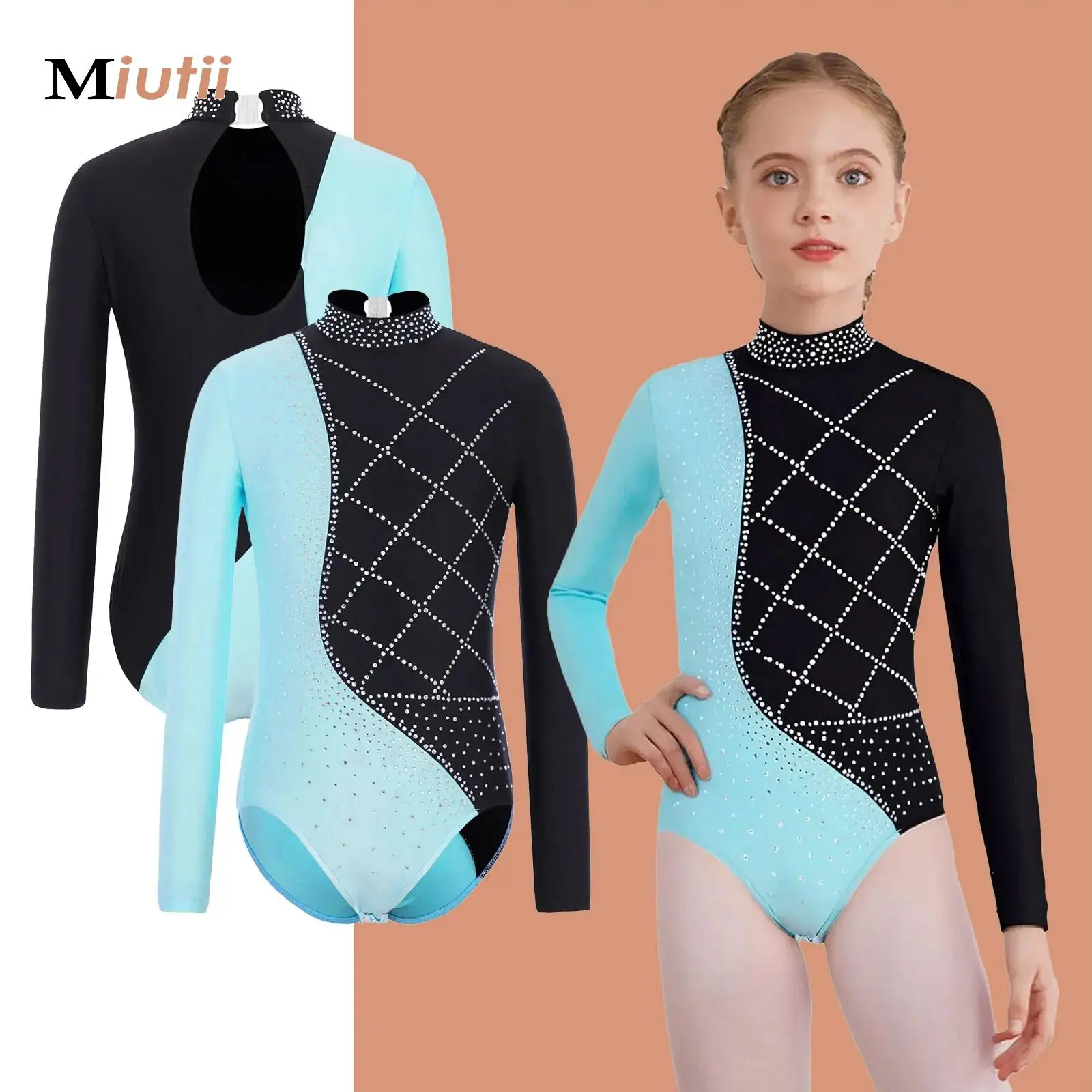 

Kids Girls Child Gymnastics Leotard Shiny Rhinestones Ballerina Dance Costume Mock Neck Long Sleeve Athletics Costume Bodysuit