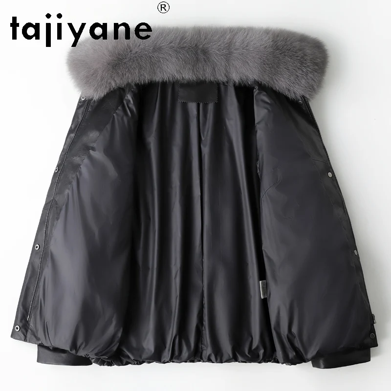 TAJIYANE 100% Skóra Owcza Najwyższej Jakości Kurtka Puchowa Damska Krótka Skórzana Kurtka z Kołnierzem z Futra Lisa Odzież Zimowa 2025