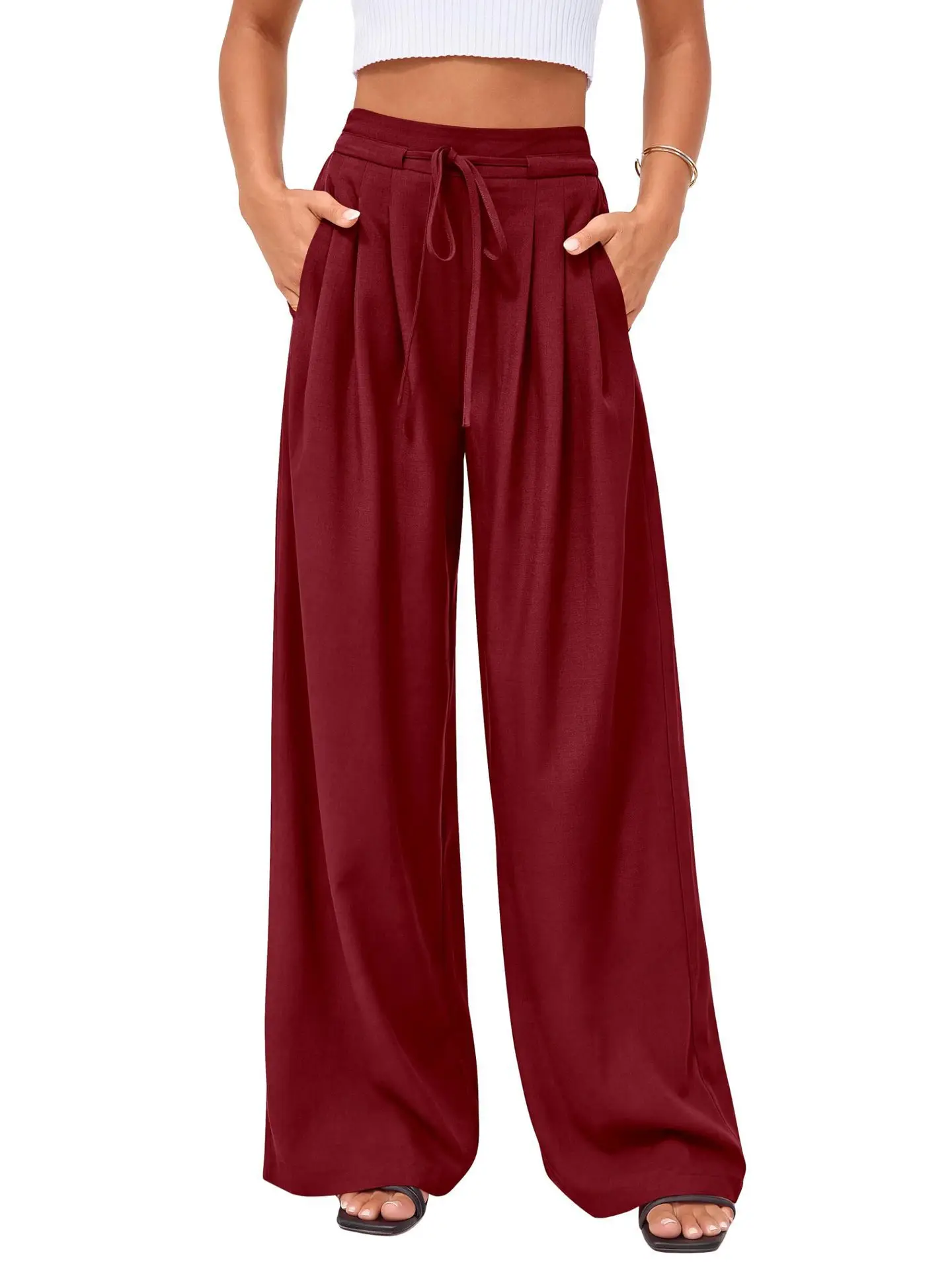Women High Waist Drawstring Wide Leg Pants Pleated Loose Floor-Length Trousers Elegant Casual Flowy Palazzo Pants Summer Thin So