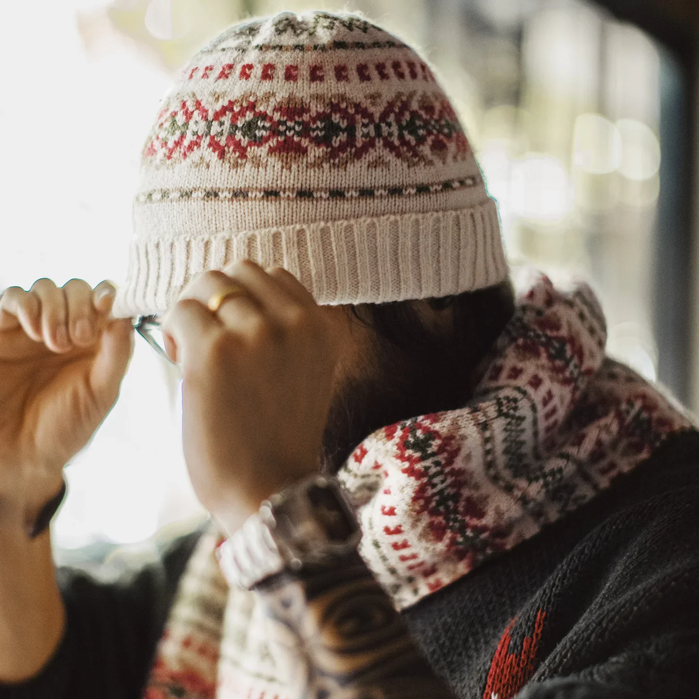 Maden Unisex Vintage Fair Isle Scarf & Beanie Set Windproof Hat Knit Pattern Scarf Warm Knit Winter Accessories Perfect Gift