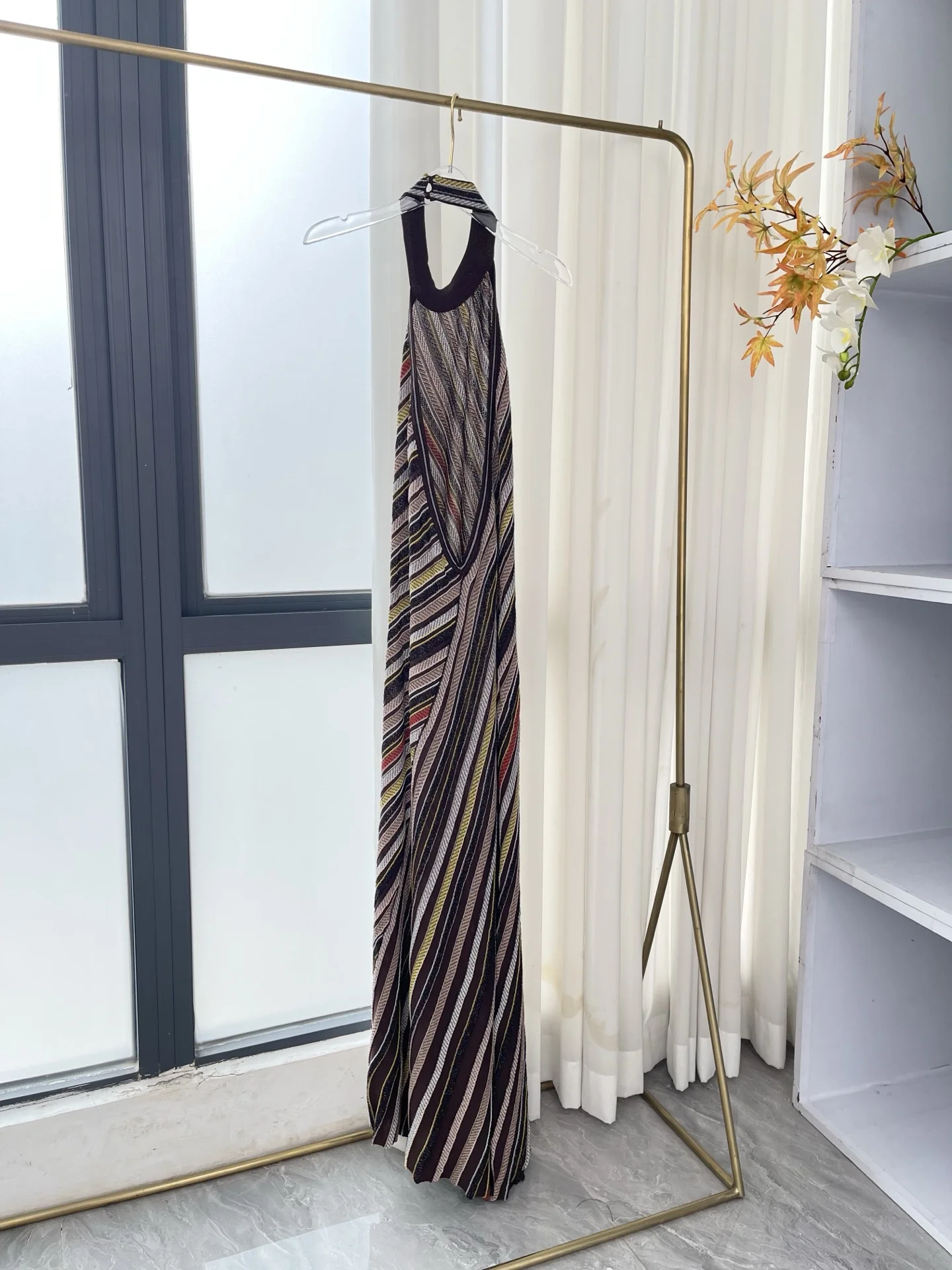 

Multicolored Striped Print Sleeveless Backless Knit Halter Midi Dress