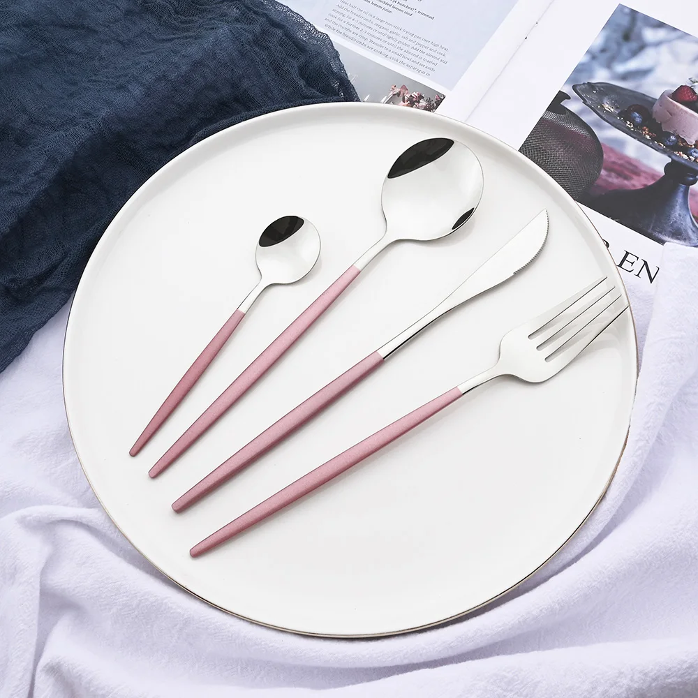 Pink Silver 24/48Pcs Dinnerware Set Stainless Steel Steak Knife Fork Coffee Spoon Mirror Cutlery Set Tableware Silverware Set