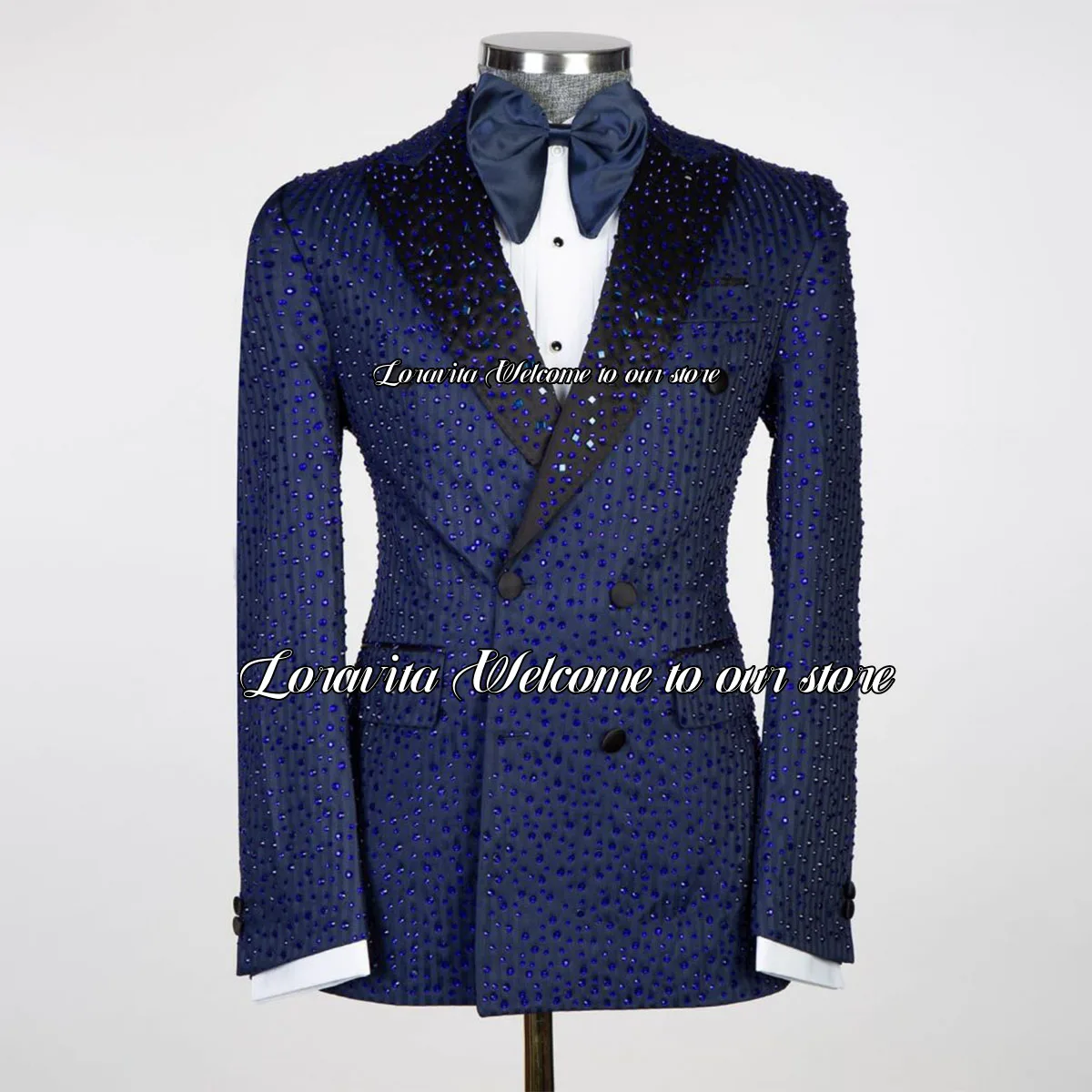 Fashion 2 Pieces Sets Male Prom Blazer Luxury Sparkly Crystals Men Suits Blue Slim Fit Wedding Groom Tuxedos trajes para hombre