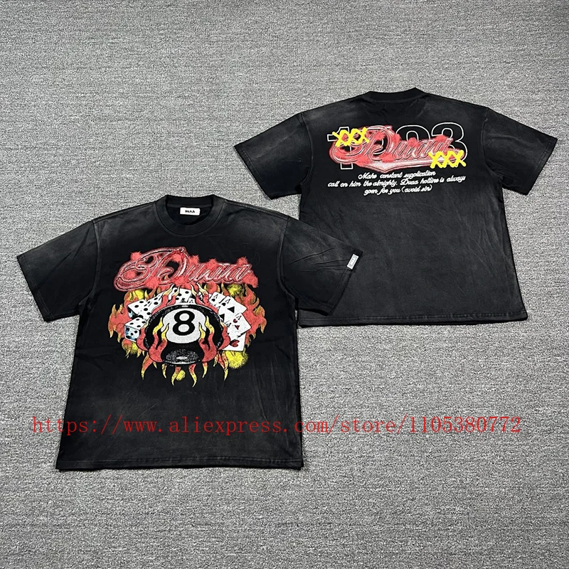 DUAA Black 8 Poker Flame Printed Vintage Short sleeved T shirt for Men's Casual DUAA
