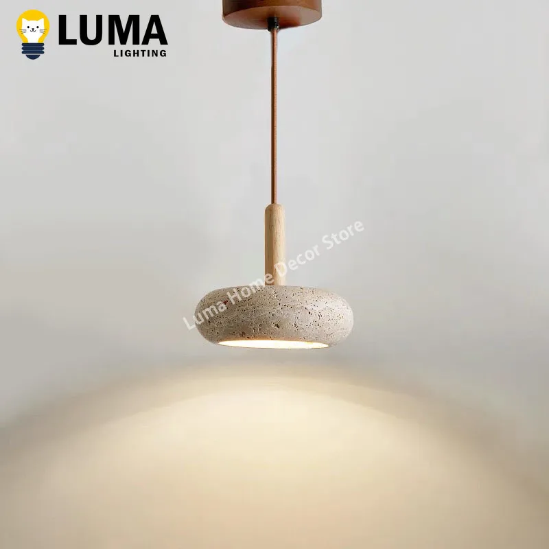 

Luma Wabi-Sabi Yellow Travertine Pendant Lamp Nordic Circular Stone Wood Hanging Lighting for Kitchen Island Bedroom Bedside