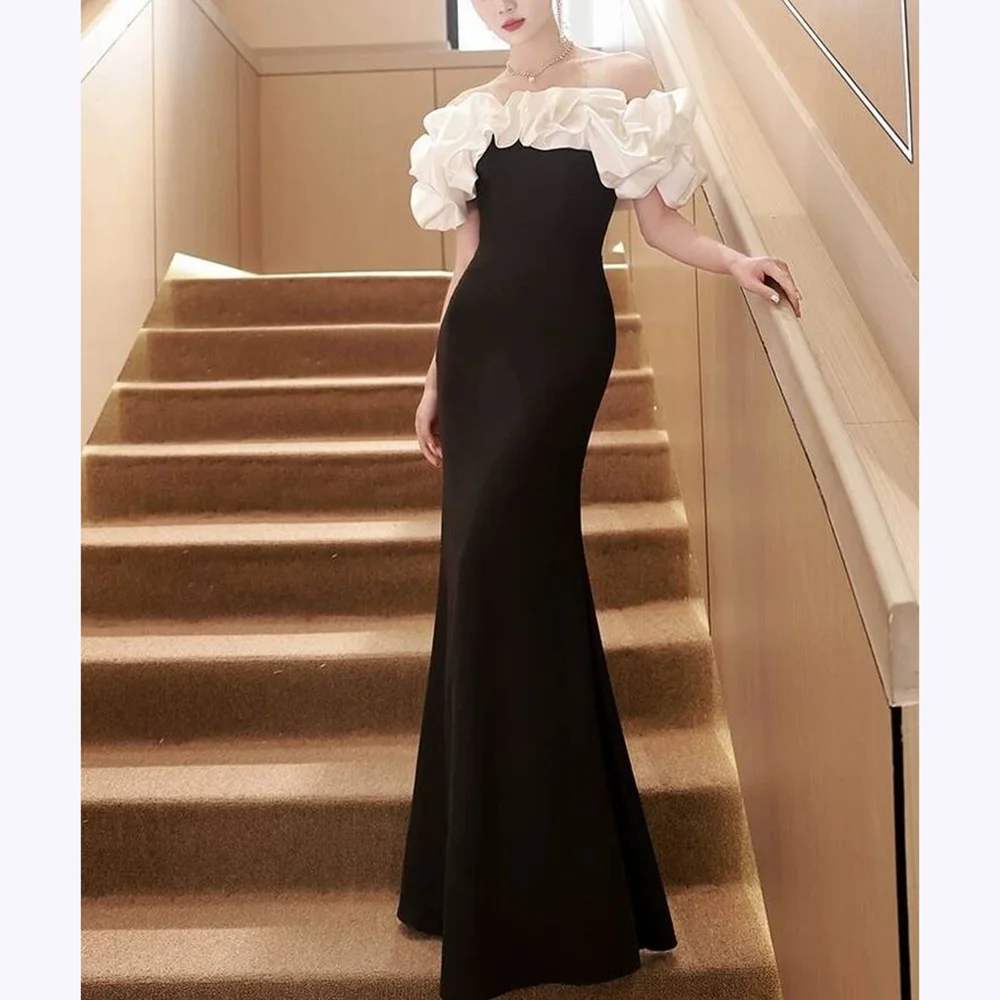 

White And Black Contrast Color Prom Dresses Sleeveless Off The Shoulder Pleat Red Carpet Formal Evening Female ElegantParty Gown