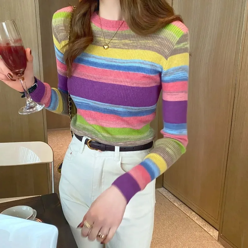 Top Female Striped Spring Autumn Slim Women's Long Sleeve T-shirt Elegant Sale Korean Fashion 2025 High Quality Popular Clothes