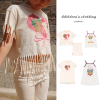 Summer Kids Dress 2025 KS Cherry Printed Girls' Dress Sundress Tassel Girls' T-shirt Tight Pants Set Casual Children's Clothing