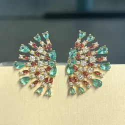 Bilincolor Cute Red and Green Zircon Sector Geometric Earring for Women