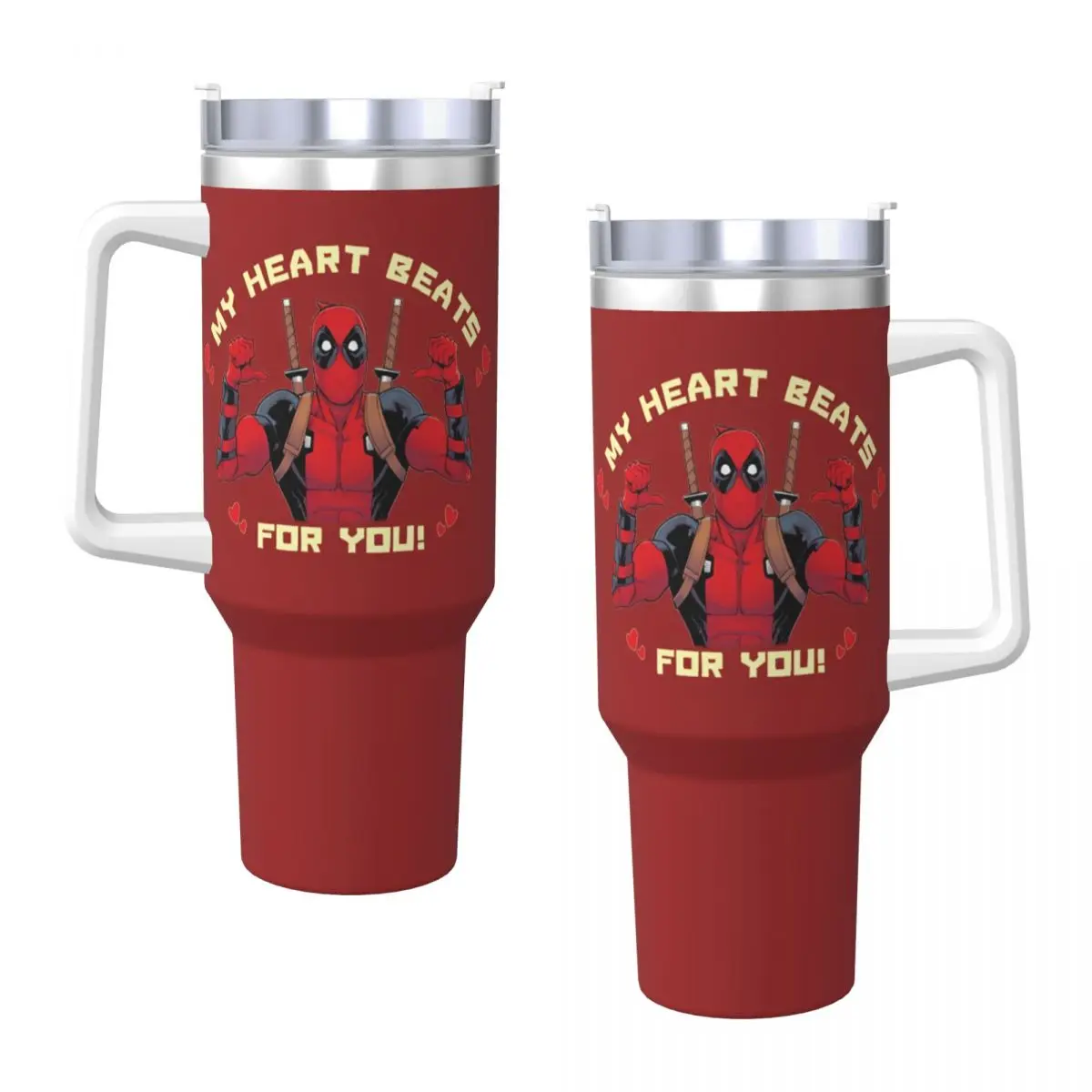 Deadpool My Heart Beats For You Stainless Steel Tumbler Driving Thermal Cups With Straws and Lid 40oz Car Mugs Cold Water Bottle