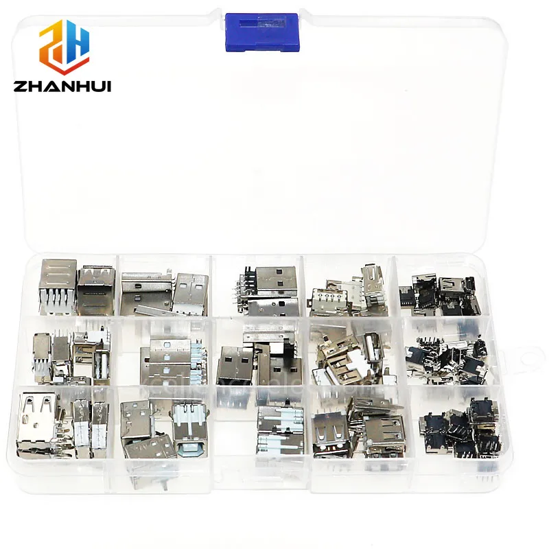 82 Piece Assorted USB Connector Set 14 Styles SMD Vertical Mini USB Male Female Port Socket for Device Charging & DIY Project