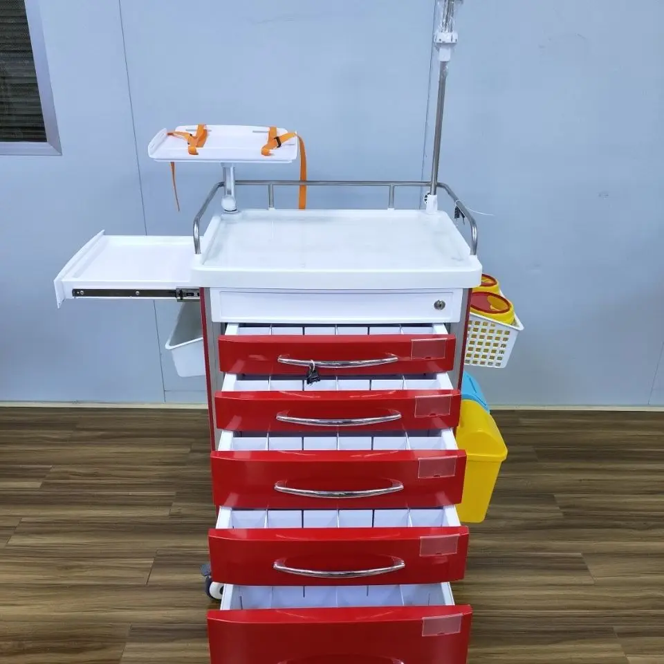 Medical Red Emergency Ambulance Multi-Function Nursing Trolley Drugs Instrument Anesthesia Cart Tail Strop Defibrillator Press