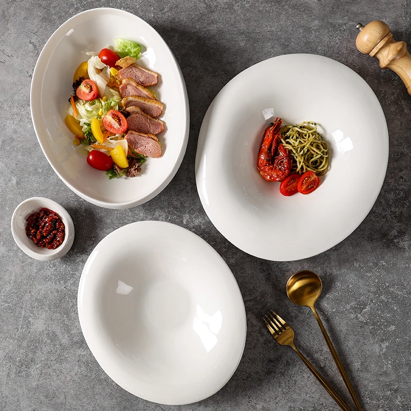 

Глубокая тарелка с белым дуговым краем, керамическая тарелка для салата, тарелка для макарон, толстые тарелки для супа, десертное блюдо, тарелки для закусок, специальная посуда