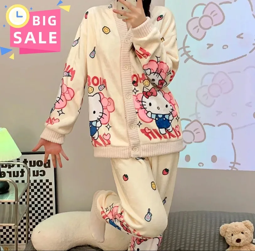 

HelloKitty cute flannel women's new cartoon character home clothes set pajamas set kawaii two-piece set large size home clothes