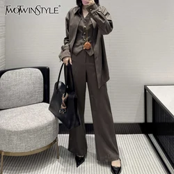 TWOTWINSTYLE Designer Two Piece Set For Women Lapel Long Sleeve Patchwork Button Top High Waist Wide Leg Pant Casual Sets Female