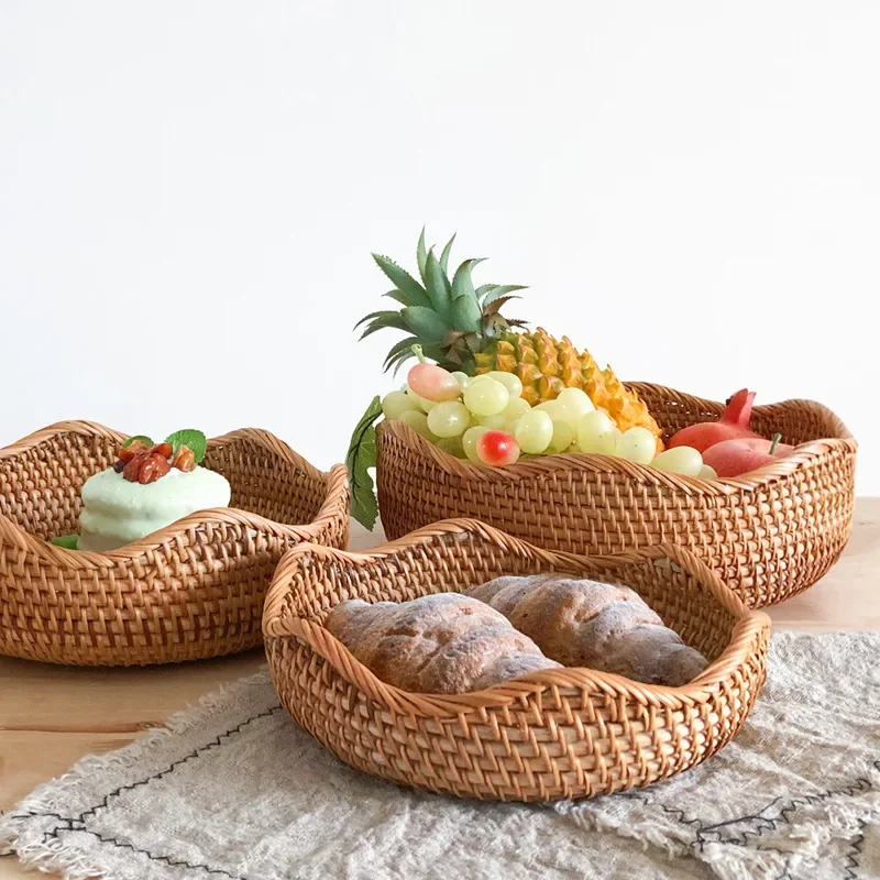 

Rattan Woven Wave Fruit Basket Living Room Household Storage Basket Candy Snack Fruit Plate Rattan Basket