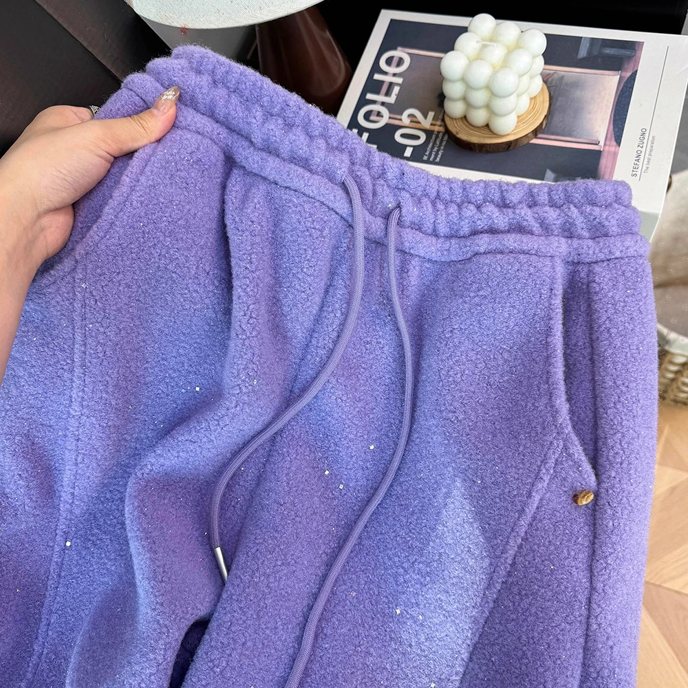 Gorgeous Purple Glitter Cashmere Starry Pants Women's 2025 Design Sense Warm Thickened Machete Wide Leg Trousers Casual Outfit