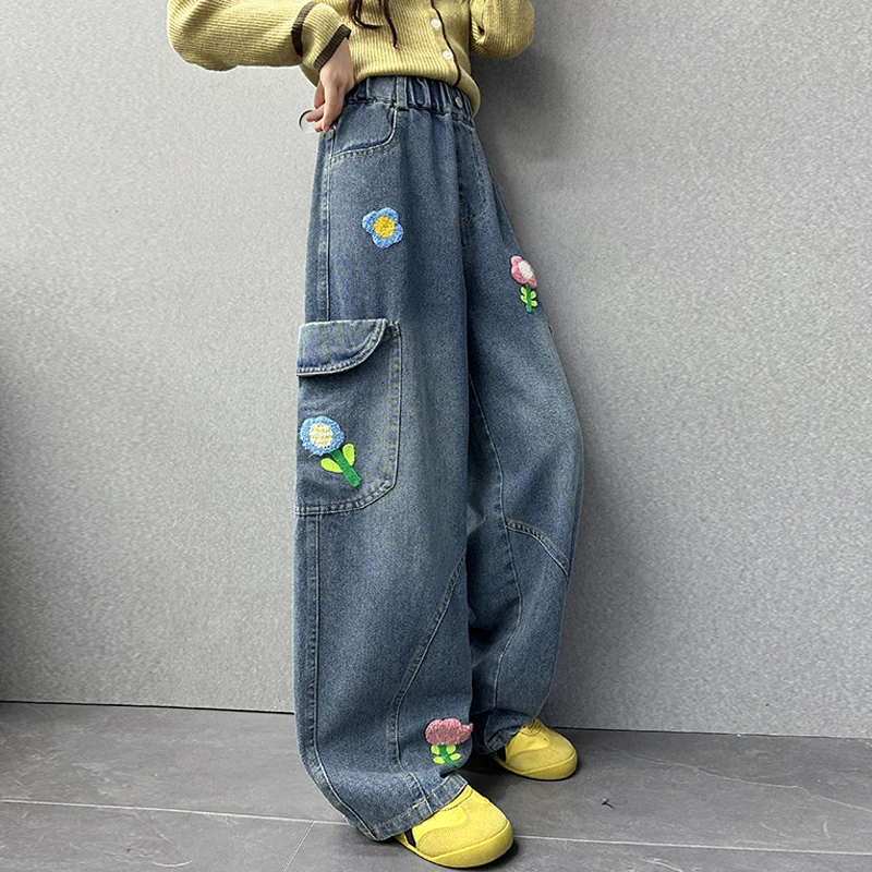 جينز منحني واسع الساق للفتيات على الموضة الراقية مع تطريز الأزهار للأطفال سروال دينم فضفاض غير رسمي على شكل زهرة 5 6 7 8 9 11 14 Y #2