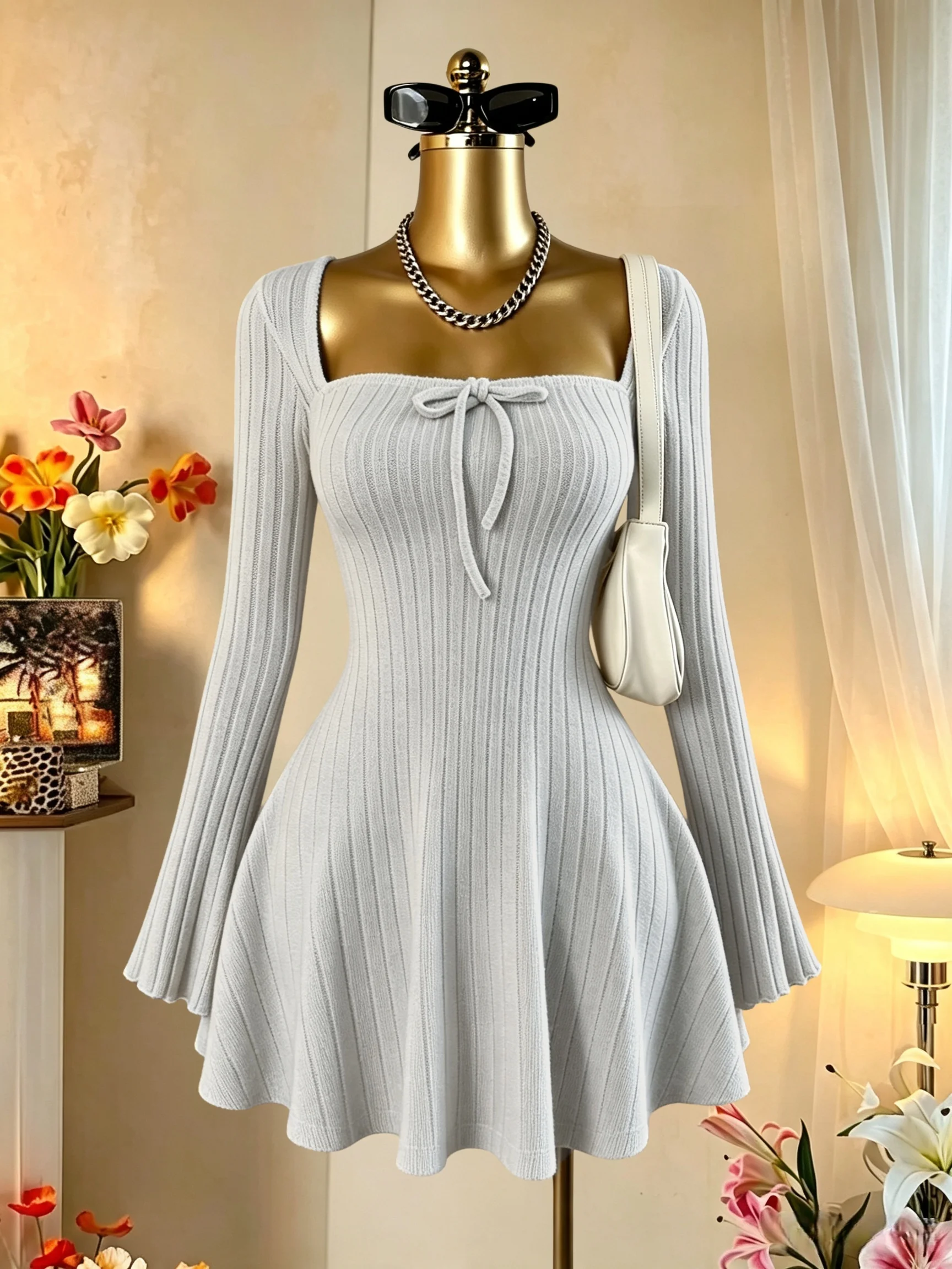 Damen-Minikleid mit quadratischem Ausschnitt, vorne gebunden, gerippt, ausgestellter Rock, lange Ärmel, tailliert, A-Linie, Y2K, sexy Kleid – Detail 9