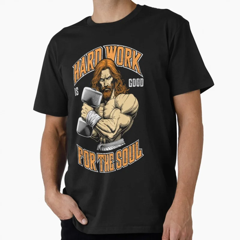 

Jesus Gym Christian Bodybuilder Hard Work Is Good For Soul Funny Gift t shirt Humor God joke printed clothes All size Tops
