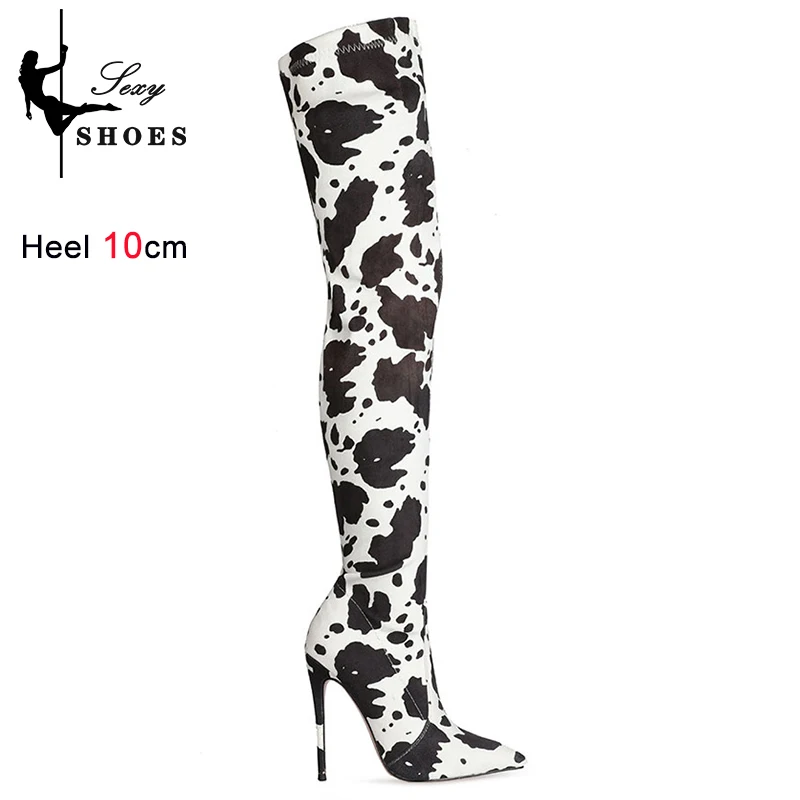 Voesnees Herbst sexy Damen hohe Stiefel über dem Knie t zeigen spitze Zehen Reiß verschluss Club Party dünne High Heels lange Stiefel Kuh druck Oberschenkel Stiefel 5