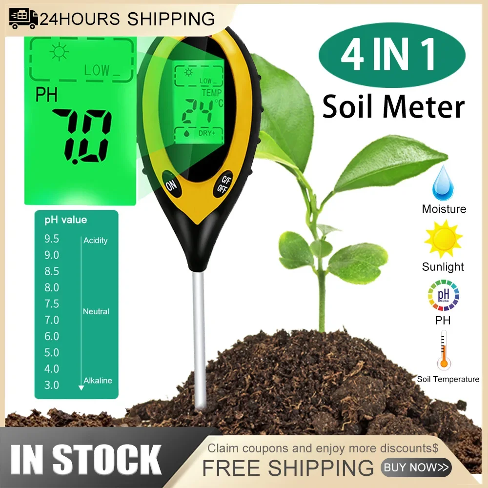 Professional Soil PH Meter 4 In1 LCD Temperature Solar Moisture PH Garden Soil Tester LCD Display Gardening Tool for Plant Care