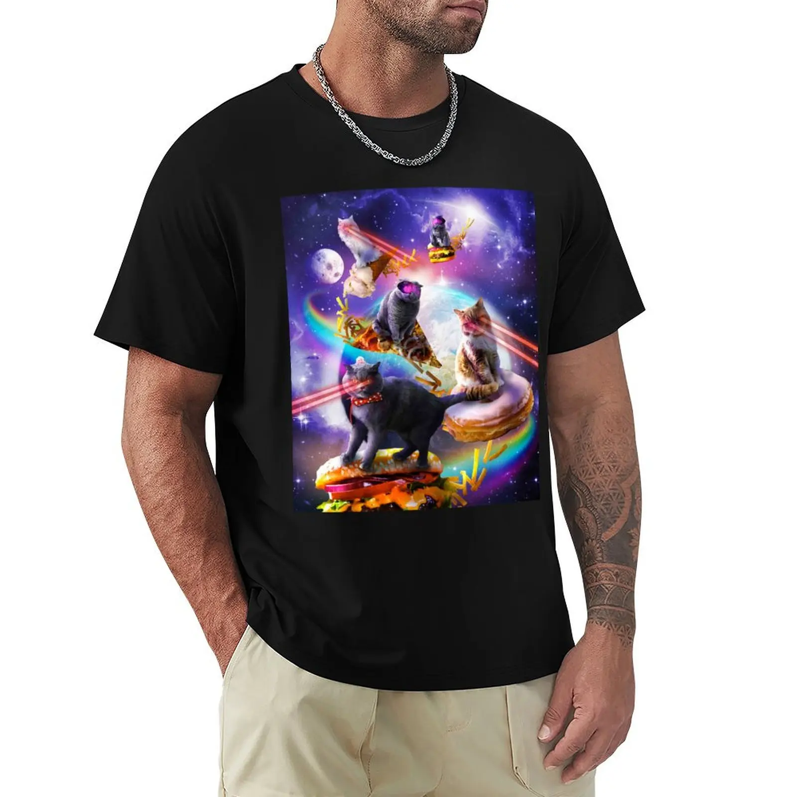 

Galaxy Laser Space Cat On Burger Pizza Donut Ice Cream T-Shirt funny costumes tees plus sizes T-shirts for men cotton