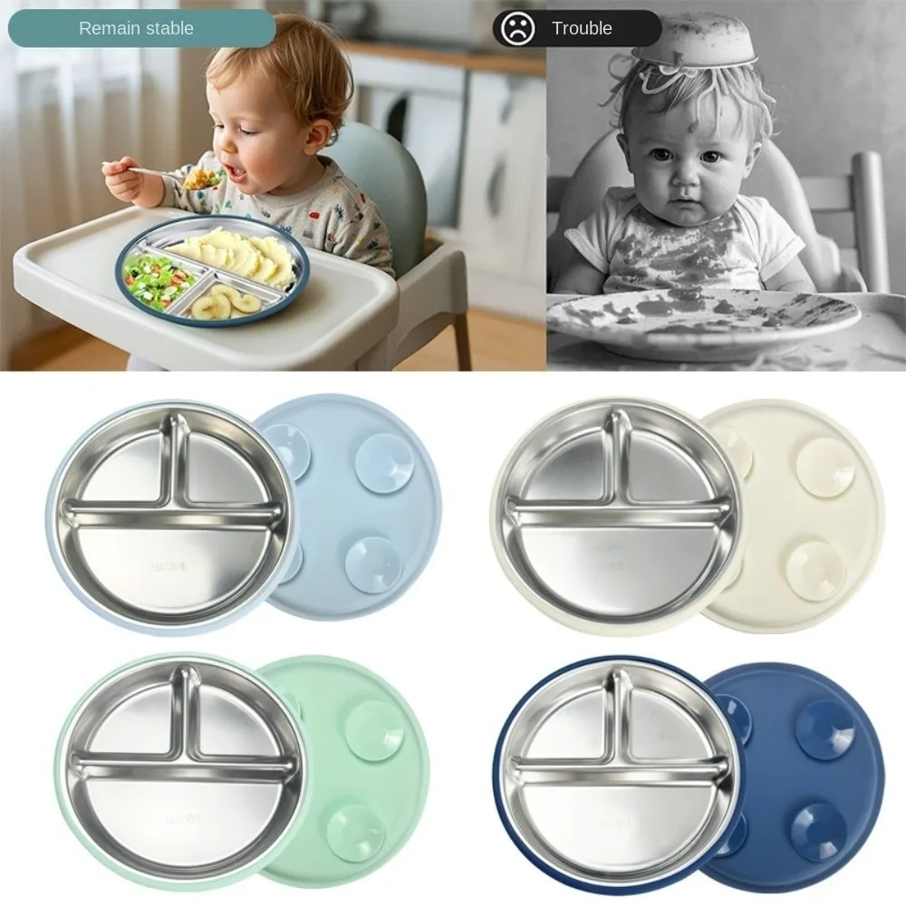 Divided Design Suction Cup Plates Silicone Shell 304 Stainless Steel Baby Sucker Dining Plate Anti-fall Safe Material