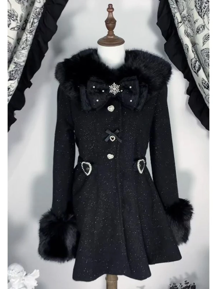 

Новое зимнее японское тонкое пальто с длинным рукавом и бантом, модное элегантное кружевное пальто с меховым воротником, женское дизайнерское шикарное милое шерстяное пальто