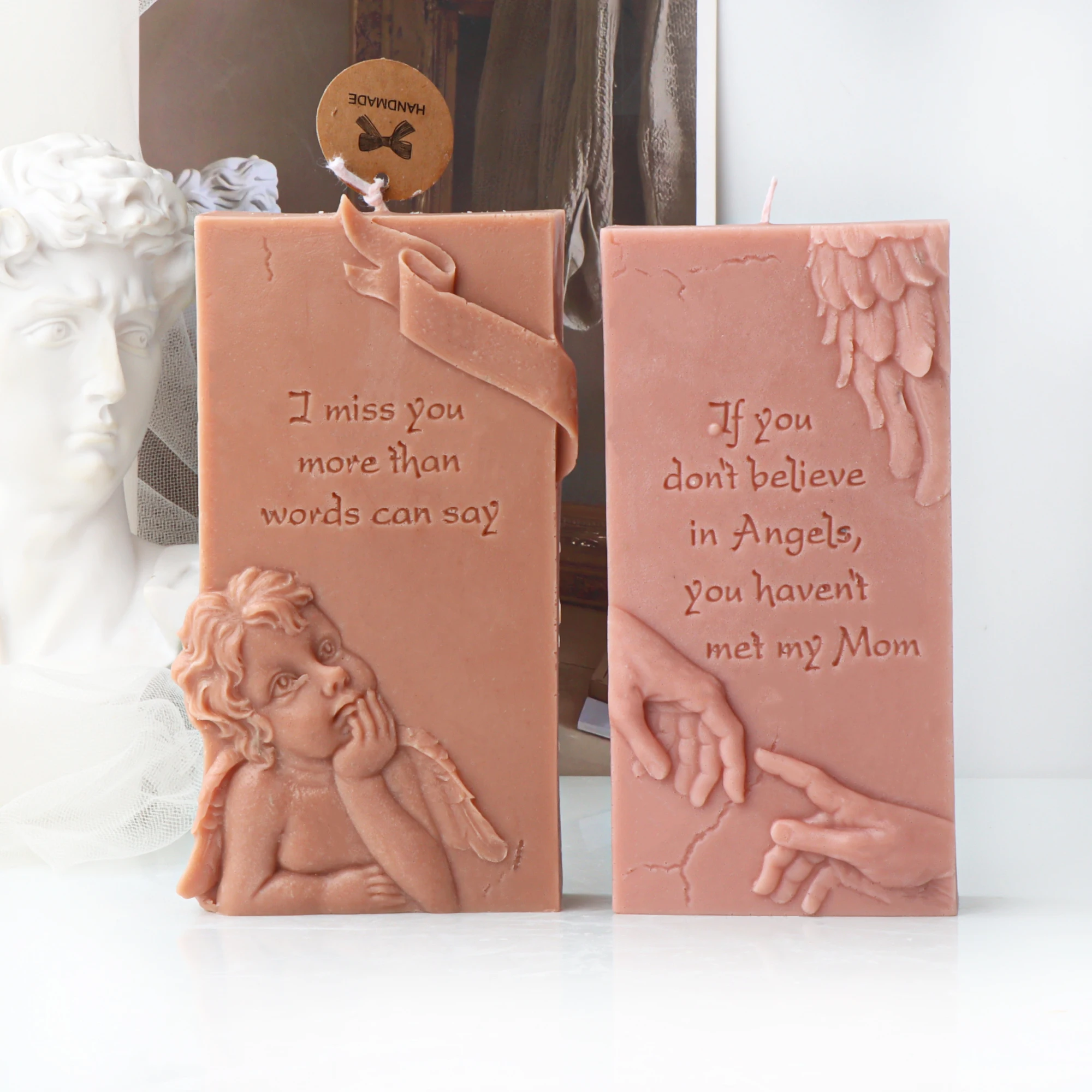 3D Memorial Angel Silicone Mold, Mother Remembrance Plaque Candle Soap Mold with Cherub Wings and Holding Hands for DIY Crafts